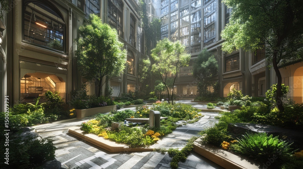 Obraz premium Lush urban courtyard, sunlight streams through buildings. Possible use Stock photo for architectural design, nature and urban living