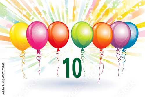 A white paper number ten is adorned with colorful balloons to commemorate a tenth anniversary celebration