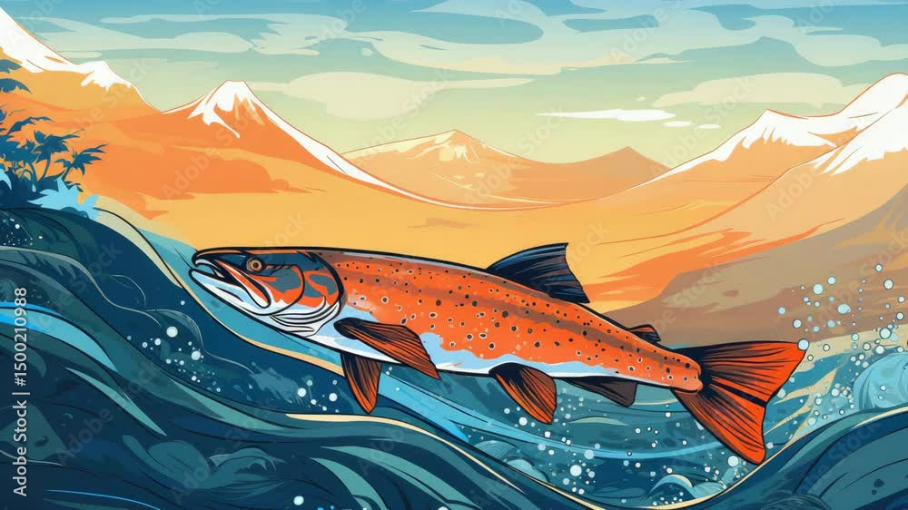 Retro cartoon style of a large red salmon or trout jumping out of a stormy river at spawning.