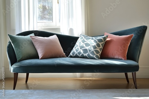 A stylish teal settee with an assortment of throw pillows sits in front of a window.