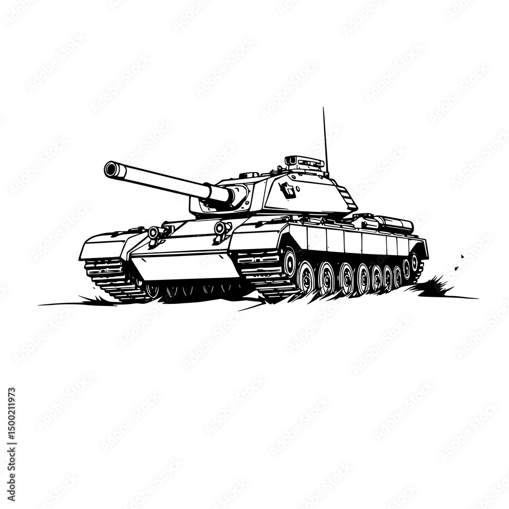 Obraz premium Military Tank Illustration: A powerful monochrome line art depicts a tank moving forward, showcasing its imposing structure and military might.