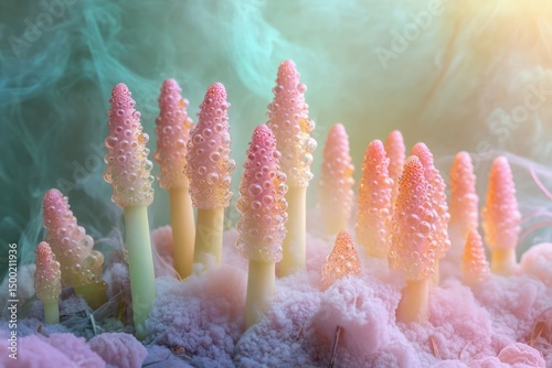 A fantastical grouping of pink-tipped, bubbling stalks emerges from a soft, cloud-like substance.