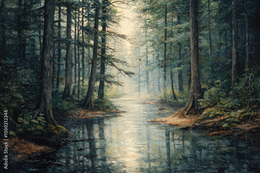 Fototapeta premium Serene forest stream reflecting sunlight through tall trees, creating a mystical atmosphere.