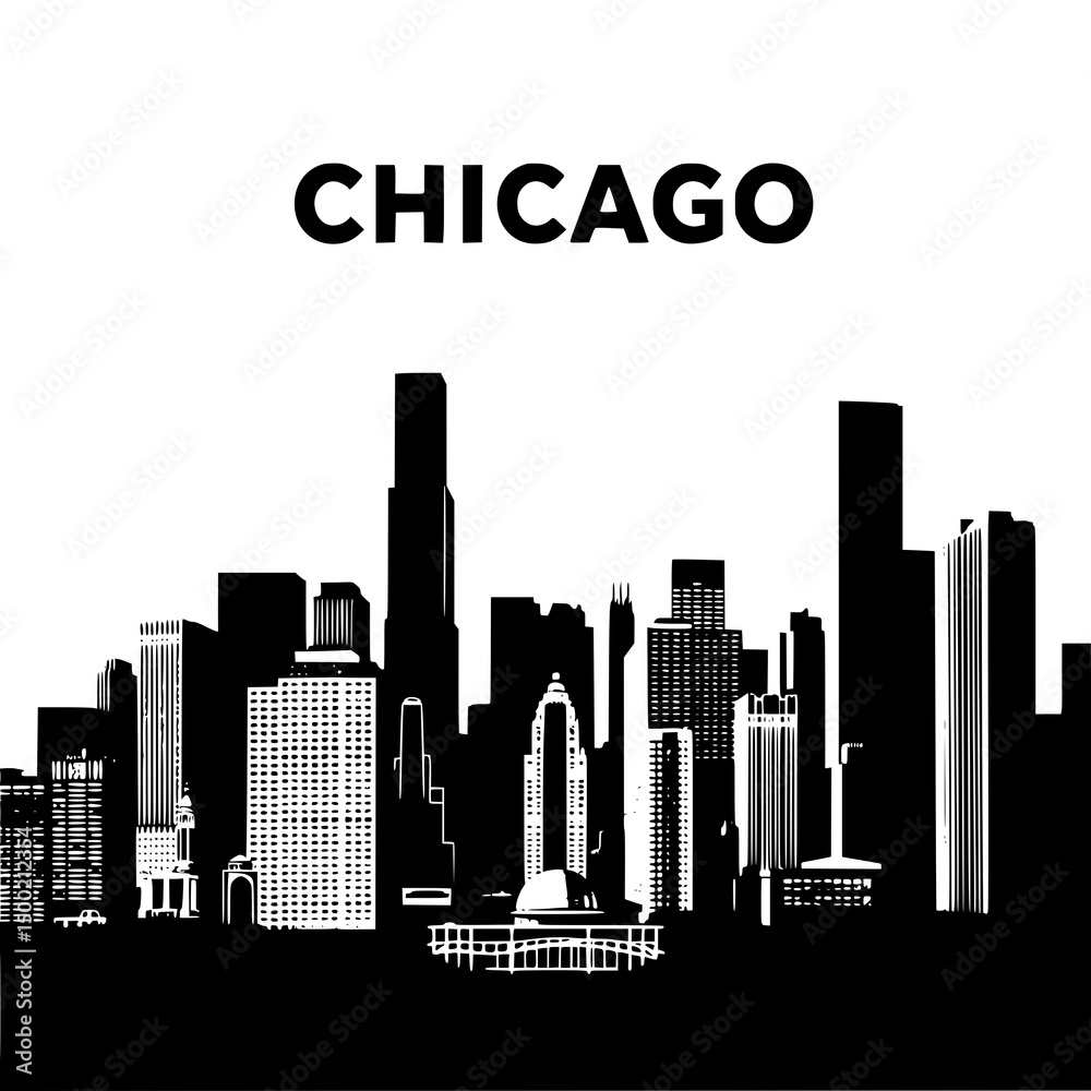 Fototapeta premium Chicago Skyline: A bold monochrome illustration depicts the iconic Chicago cityscape, showcasing its towering skyscrapers and architectural diversity.