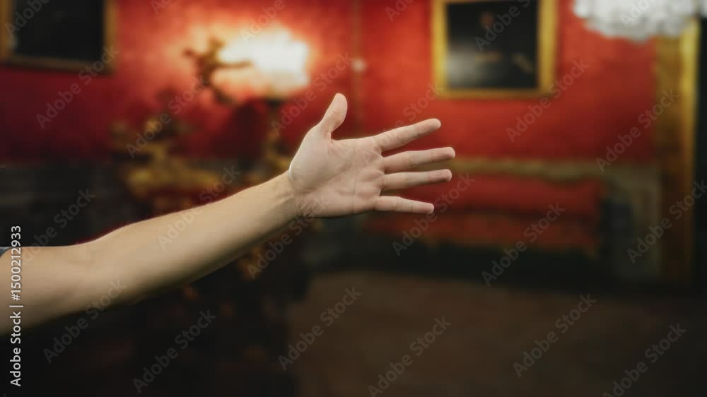 Man's hand gesturing thumbs up and counting fingers indoors, captured in a vibrant museum room adorned with red decor and soft lighting, conveying approval and interaction.