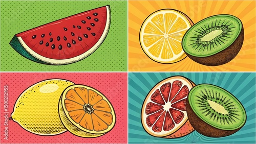 Colorful Fruit Assortment: A vibrant collection of fresh fruits, showcasing a watermelon slice, lemon, orange, kiwi and grapefruit, each offering a burst of flavor and visual appeal.