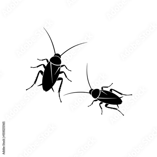 Two black cockroaches, one big and one smaller, in silhouette vector. Sanitation and desinfestation treatment services. Species of insects