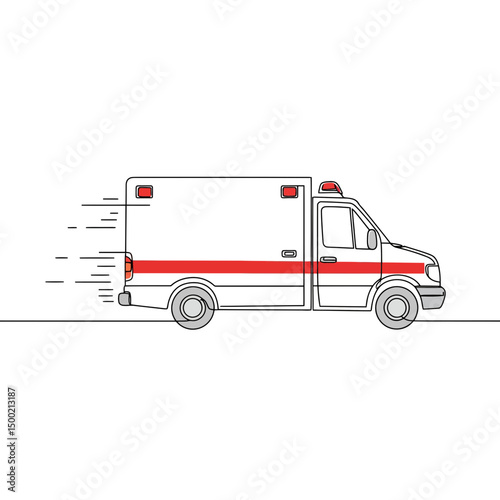 Ambulance vehicle speeding with motion lines, vector line illustration. Paramedics helping people, transportation to hospital concept