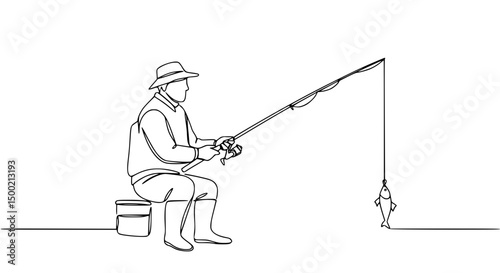 Continuous line vector of fisherman holding fishing rod and fish on hook. Hobby concept, summer season, tackle shop sales