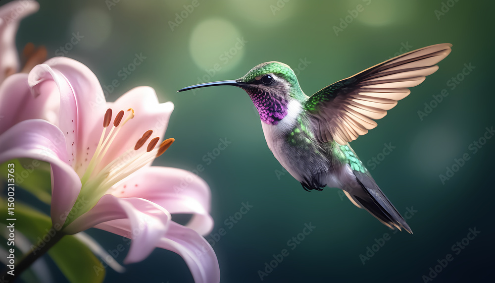 Fototapeta premium A hummingbird is perched on a pink flower