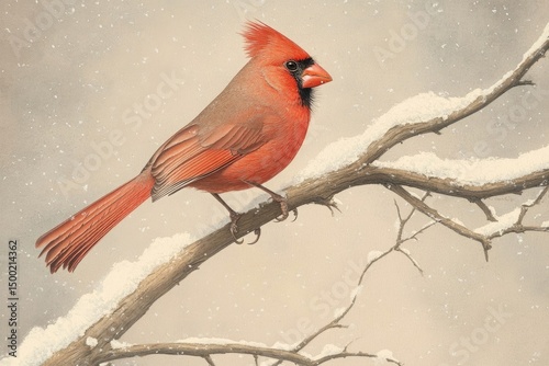 A vibrant red cardinal perched gracefully on a snow-covered branch during a serene winter scene with falling snowflakes.