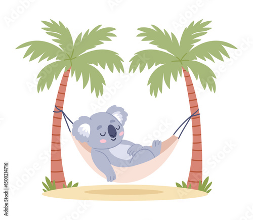 Cute cartoon koala peacefully sleeping in a hammock tied between two palm trees o 