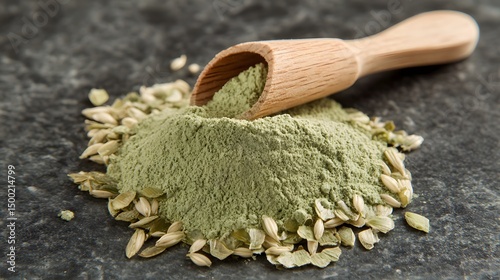 Green Fennel Seed Powder Scoop on Dark Surface
