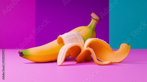 Vibrant Yellow Banana Peel Art, Colorful Fruit Still Life