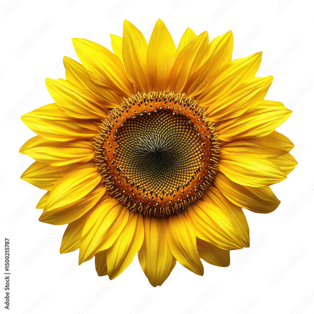 Fototapeta premium Sunflower close up bright yellow petals and dark center floral background on transparent background