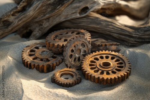 Rusting gears and driftwood remnants rest on sand, blending mechanical relic with nature's organic elements.
