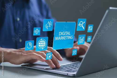Fototapeta Naklejka Na Ścianę i Meble -  Digital Marketing Data Analytics Concept. Management, SEO, target, advertising and ecommerce. Businessman using laptop with digital marketing management icon on virtual screen.