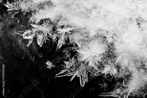 Monochromatic high-angle shot showcasing delicate ice crystals forming on a dark, reflective surface, creating a captivating contrast of textures and tones.
