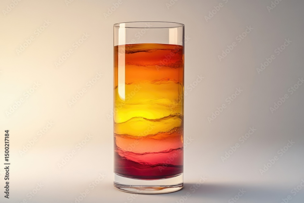 Tall glass filled with a vibrant, layered drink resembling a sunset with hues of red, orange, and yellow. Tall glass filled with a vibrant, layered drink resembling a sunset with hues of red, orange, and yellow.