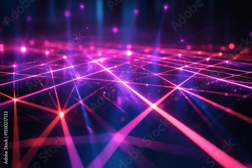 Abstract futuristic background with glowing grid lines and neon lights, symbolizing interconnected networks and advanced technology.
