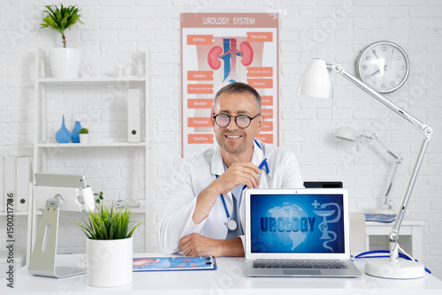 Male urologist with laptop ...