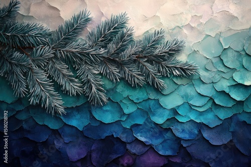 A stylized spruce branch lies across a textured background transitioning from light to dark blue, reminiscent of fish scales or ocean depths.