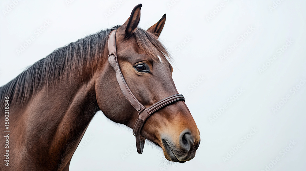 Fototapeta premium An American Quarter brown Horse standing proudly with a muscular build and refined features, isolated on a clean white background, showcasing its strength, agility, and calm demeanor. 