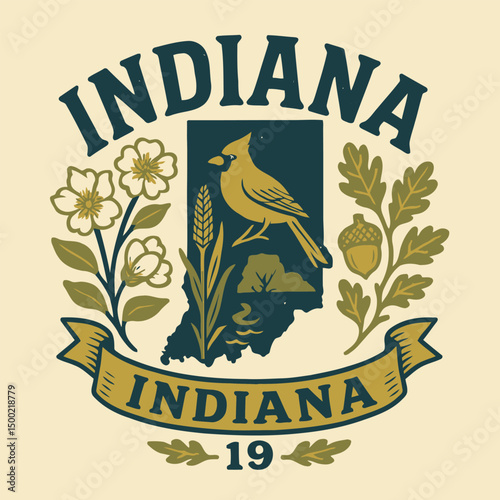 Vintage Indiana state emblem vector illustration with cardinal, tulip tree and corn – retro collegiate badge design