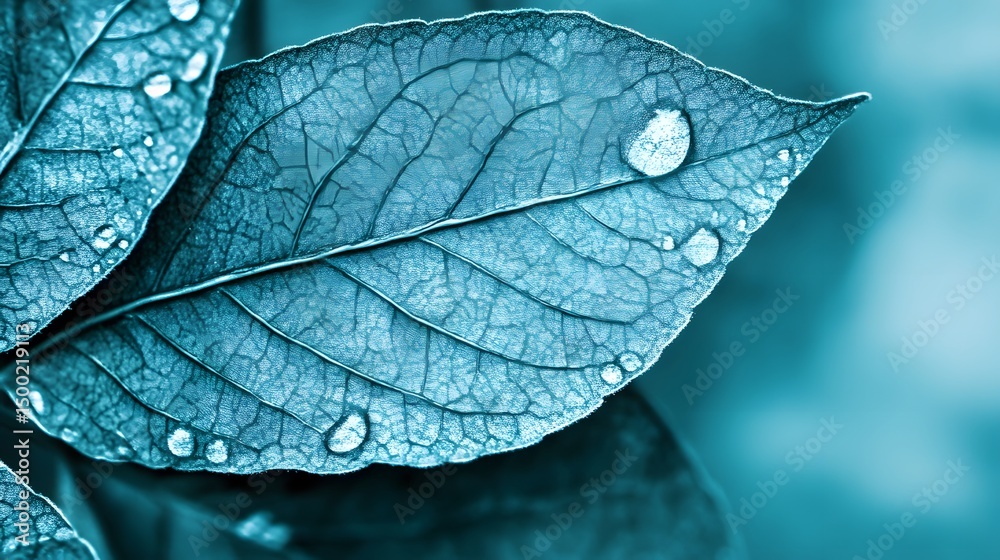Fototapeta premium Stunning Teal Leaf Macro Photography with Water Droplets