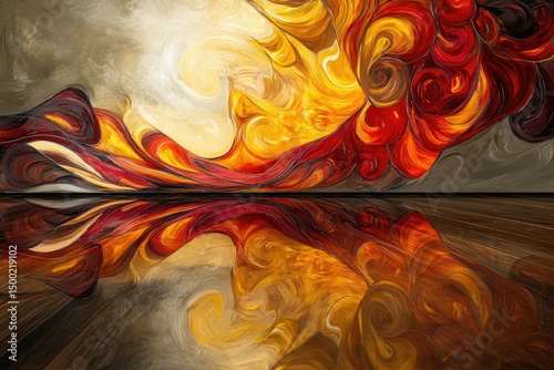 Abstract painting with dynamic swirls of red, orange, and yellow reflecting in a mirrored surface against a muted grey background.
