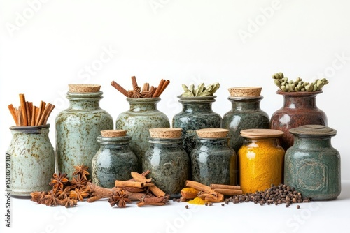 An assortment of spices and herbs are arranged in rustic jars and vases on a white background, creating a natural and aromatic display.