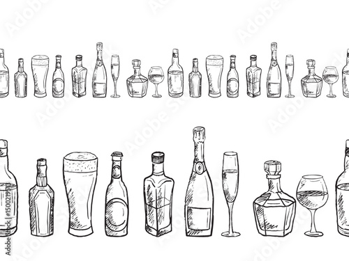 Seamless border with glass bottles with alcohol drinks in black brush stroke texture isolated on white. Hand drawn vector sketch illustration in vintage charcoal ink. Bar background, frame, menu