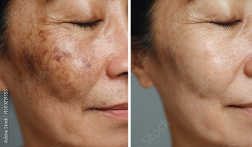 Cropped image showing before and after results of spot melasma pigmentation facial treatment on a middle-aged Asian woman's face, representing skincare and health issues