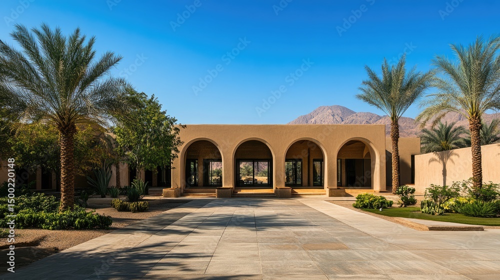 Obraz premium Desert Oasis: Modern Architecture with Palm Trees and Mountain Views