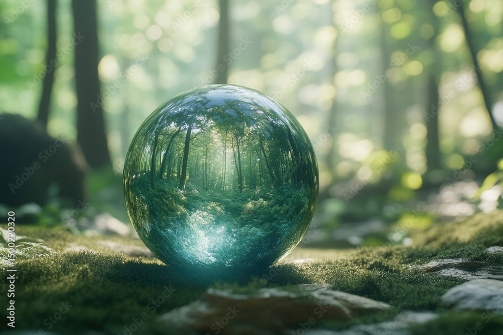 A glass orb reflects a serene forest scene, glowing gently on a mossy forest floor. A glass orb reflects a serene forest scene, glowing gently on a mossy forest floor.