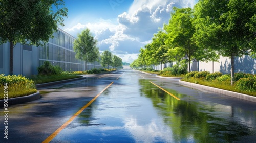 Rainy day street scene, modern buildings, lush trees, tranquil setting, stock photo