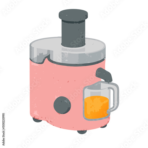 Pink juicer with glass and orange juice on white background  