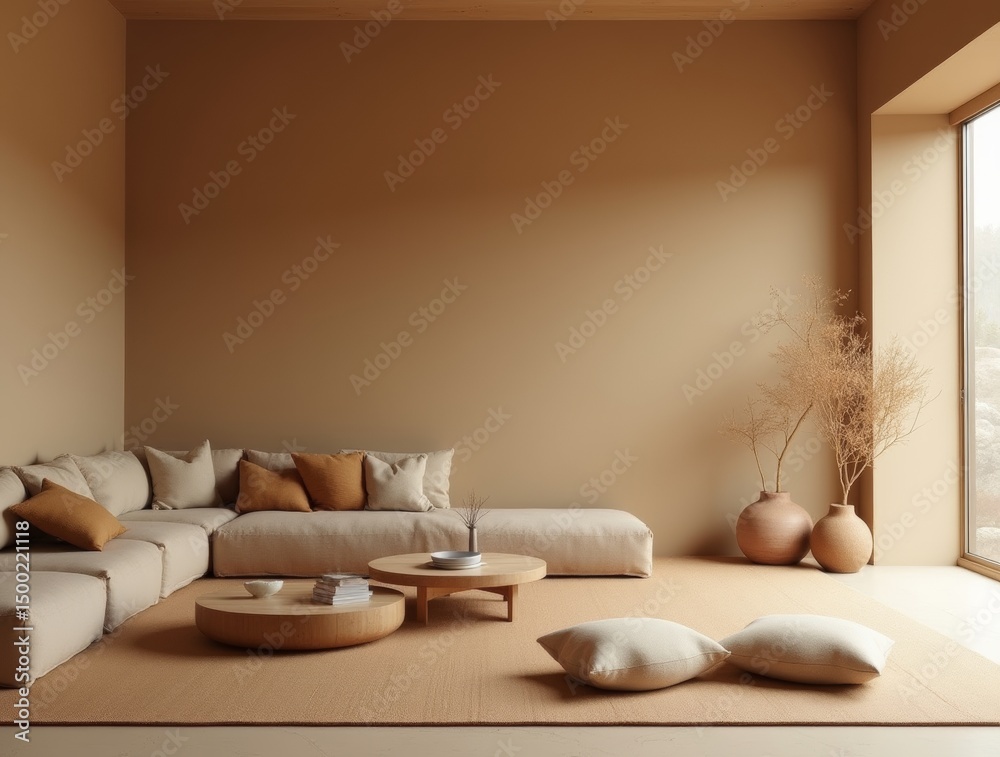 Obraz premium Japandi-style interior with warm sand-colored walls, wooden furniture, natural textiles, matte finishes, serene composition