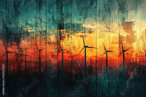 Wind turbines stand tall against a vibrant, textured sunset, blending natural power with artistic interpretation.