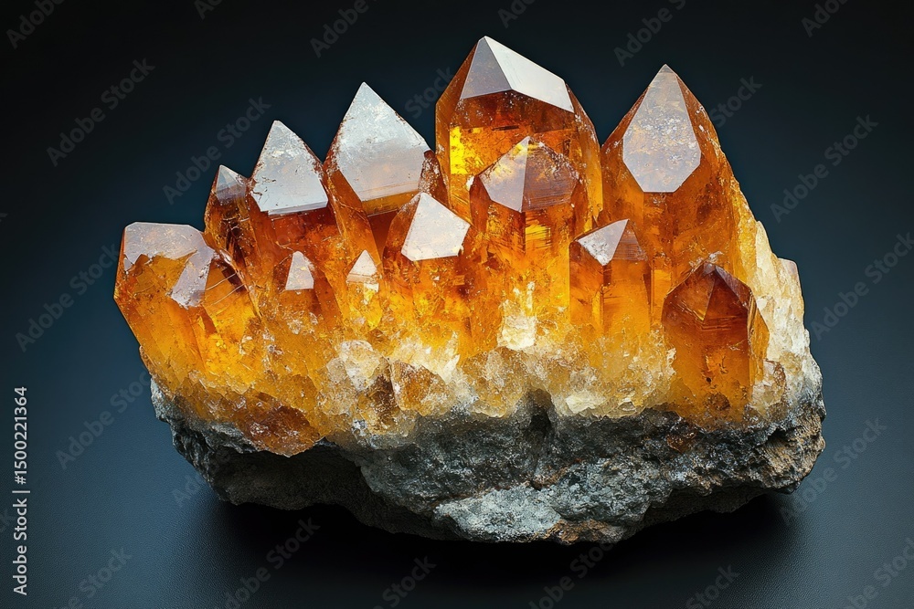 Obraz premium A cluster of vibrant, translucent citrine crystals perched atop a rugged, gray mineral base against a dark background.