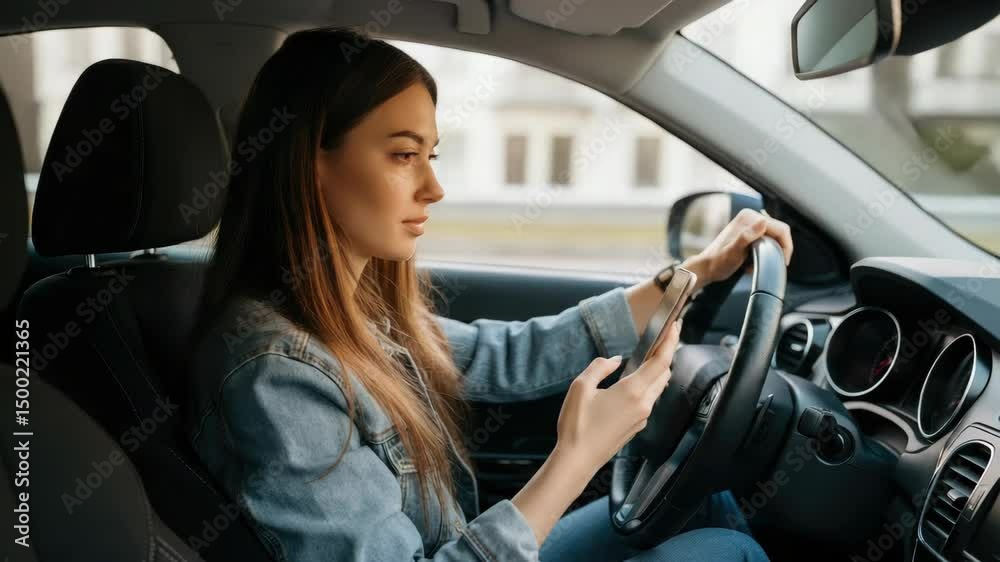 Young woman with long hair texting while driving in car, illustrating distracted hazards