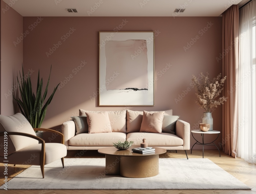 Fototapeta premium Modern interior in a Dusty Mauve palette, glass coffee table, soft sofa, statement artwork, warm diffused light