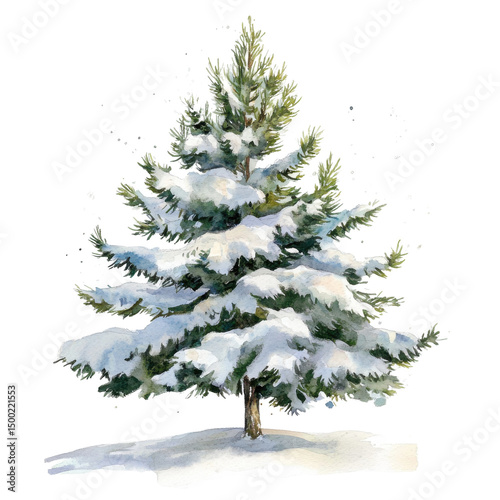 Snow covered pine tree on transparent background