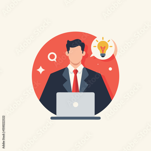 Business professional in suit and red tie, working on laptop, with light bulb symbolizing inspiration, great for creative business ideas, innovation projects, or professional brainstorming sessions.