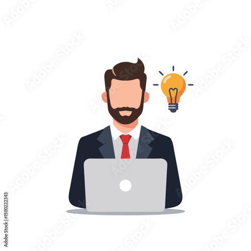 Business professional in suit and red tie, using laptop, with light bulb for inspiration in red circular background, ideal for business innovation showcases, creative workshops, 