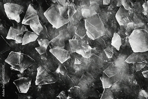 Sharp-edged ice fragments scattered across a dark surface, creating a visually striking and textured monochrome pattern.