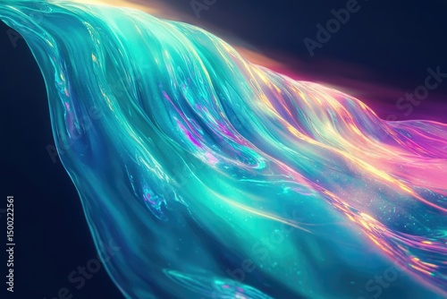 A flowing cascade of iridescent blues and pinks suggests a surreal, luminous wave frozen in time, sparkling with inner light.
