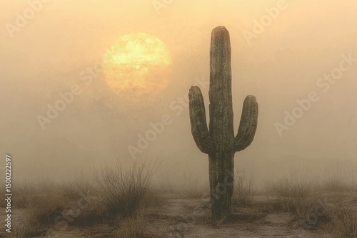 A saguaro cactus stands silhouetted against a hazy sunset in the desert landscape, with misty atmosphere adding depth.