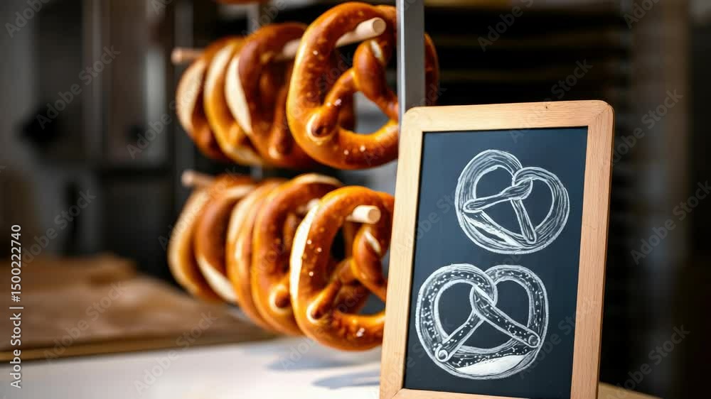 Display of freshly baked pretzels on rack with chalkboard drawing