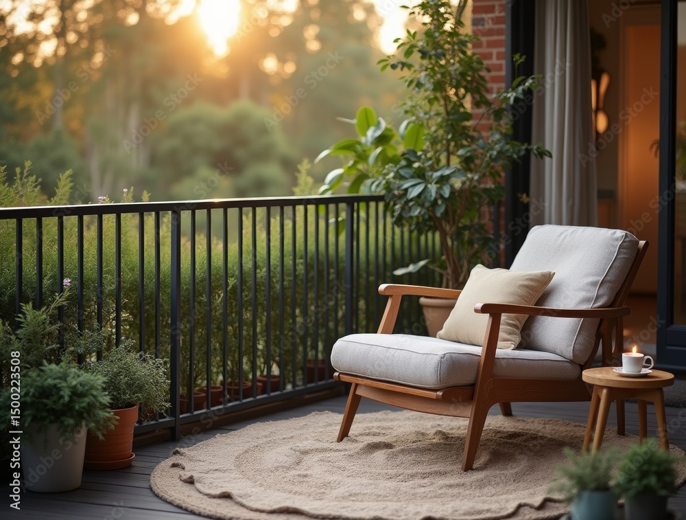 Fototapeta premium Balcony with soft rug, low chair, greenery planter, table with tea cup, evening light